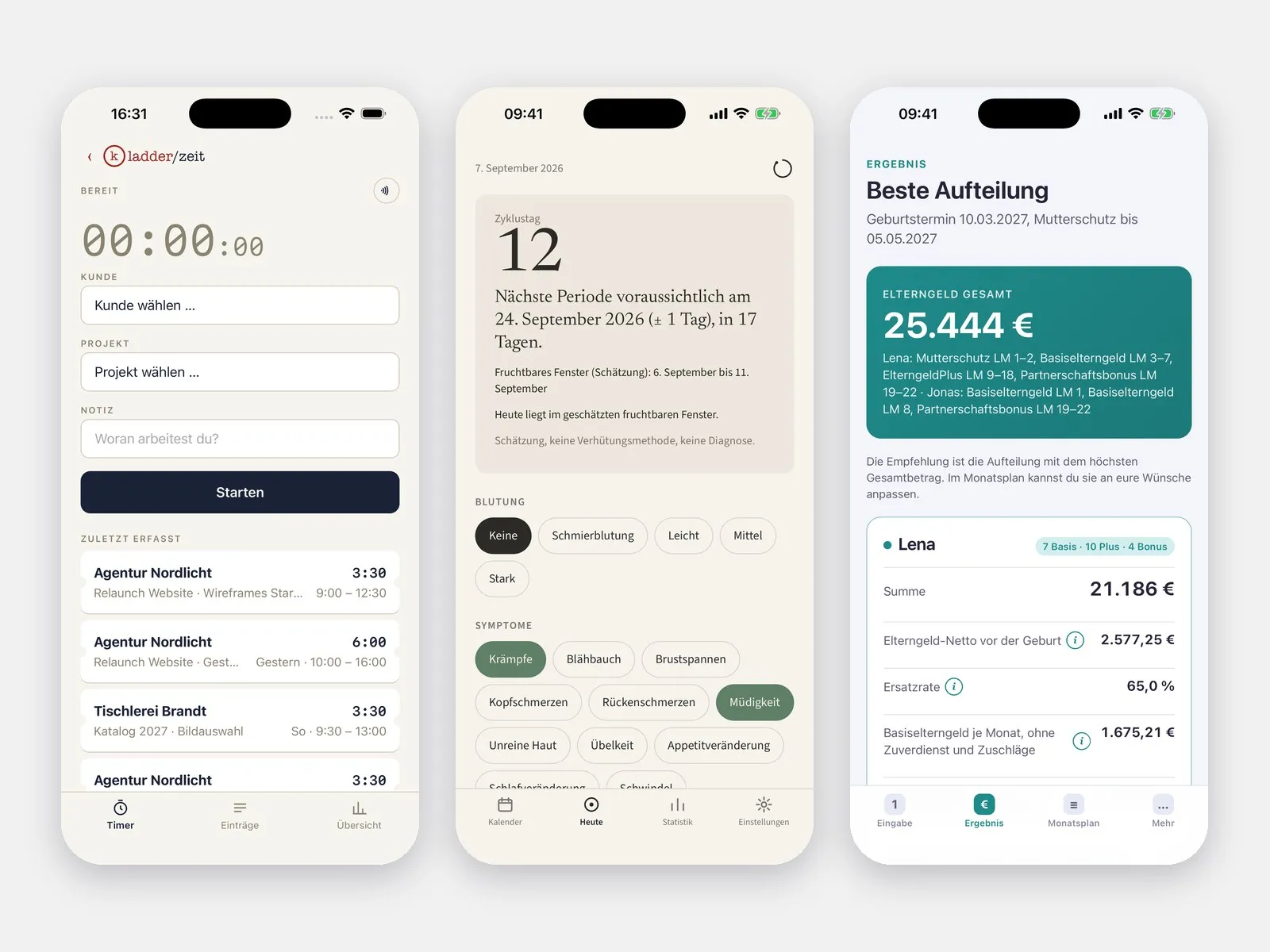 Kladder, Zyklu und Elterngeld nebeneinander auf dem iPhone