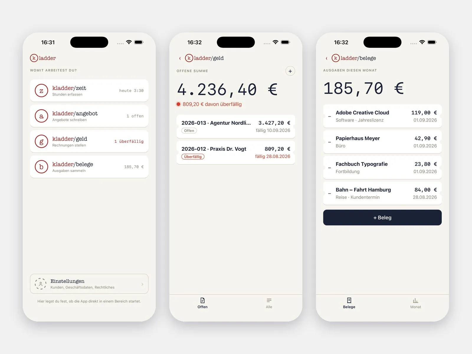 Kladder auf dem iPhone: Bereichsauswahl, offene Rechnungen und Belege
