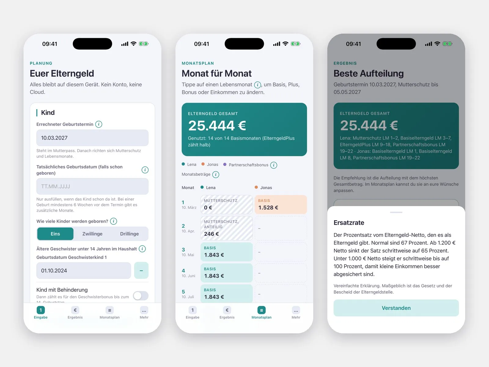 Elterngeld auf dem iPhone: Eingabe, Monatsplan und Erklärung der Ersatzrate
